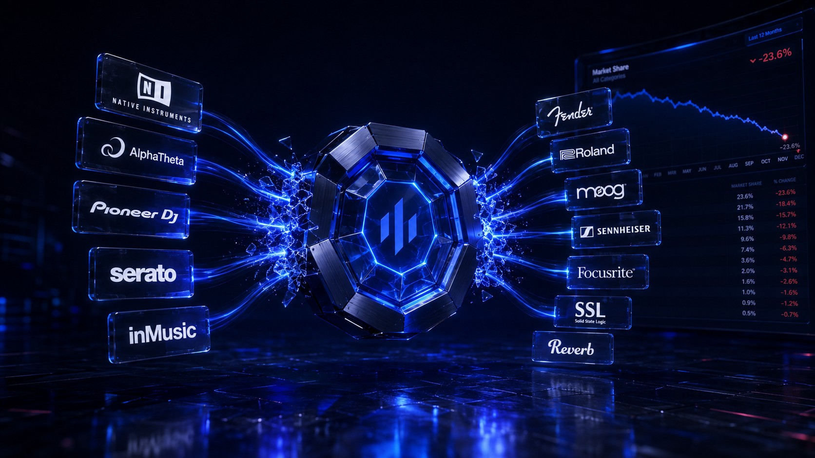Illustration. Twelve music-gear and pro-audio brand tiles &mdash; among them Native Instruments, AlphaTheta, Pioneer DJ, Serato, inMusic, Fender, Roland, Moog, Sennheiser, Focusrite, SSL and Reverb &mdash; drawn along streams of blue light into a single dark octagonal core. A dashboard panel behind them shows a falling market-share line; its figures are illustrative and carry no data from this analysis.