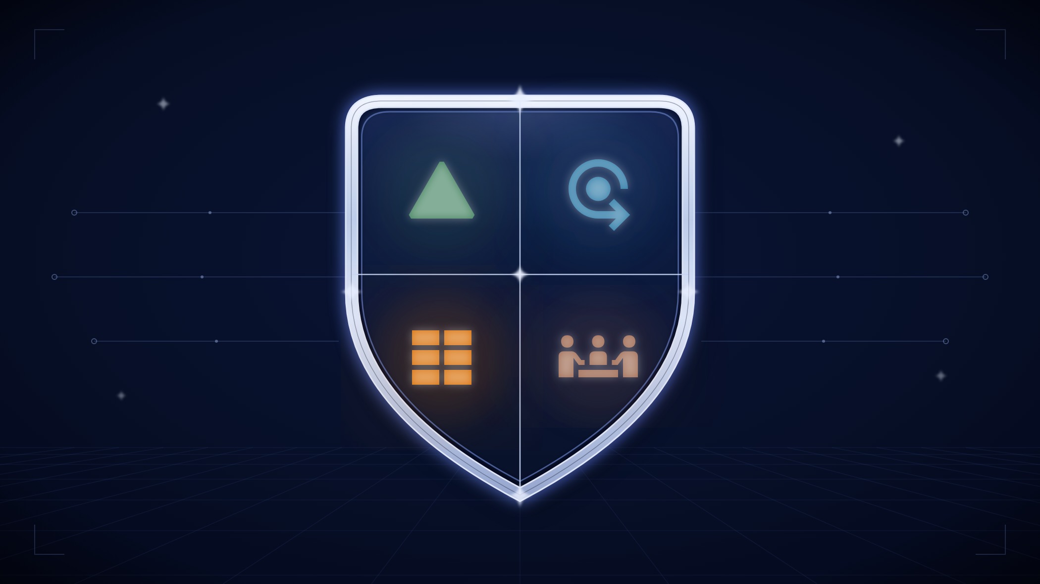 The Wolfpack AI Command emblem: a luminous shield on a deep navy field, quartered by fine axis lines, holding the four Notion database icons — a green triangle for products, a blue circular arrow for projects, an orange grid for tasks, and a brown meeting glyph for clients.