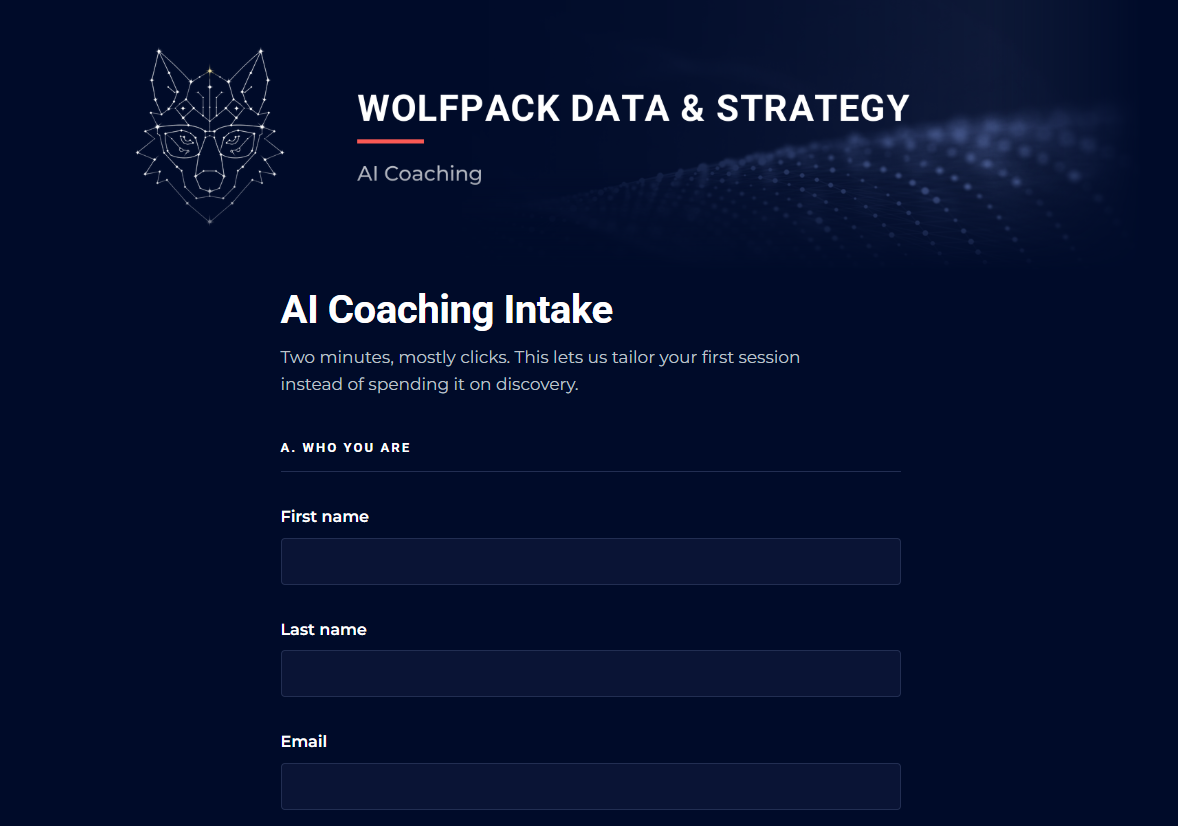 Screenshot of the AI Coaching intake system