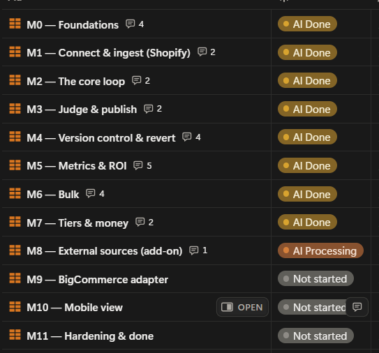 Screenshot of the Notion–GitHub AI Dev Command Center
