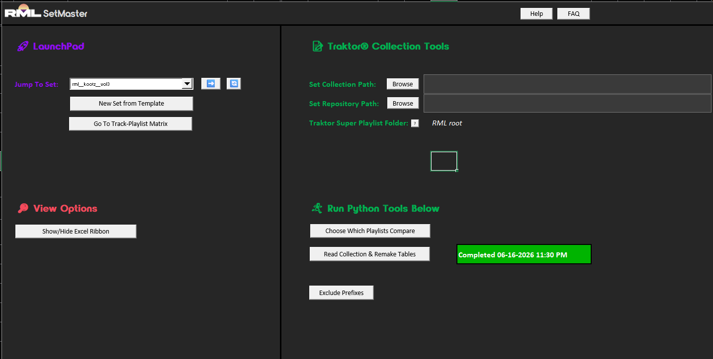 The SetMaster 2 LaunchPad tab: a set selector, buttons for a new set from template and for jumping to the Track-Playlist Matrix, the Traktor collection and repository path fields with their values redacted, and the Python tools that read the collection and rebuild the tables